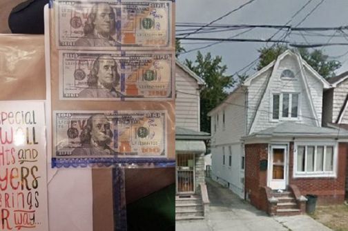 The cash and courtesy card an FDNY inspector allegedly tried to pass to a Buildings Department inspector, left, and the FDNY inspector's Brooklyn house, right.